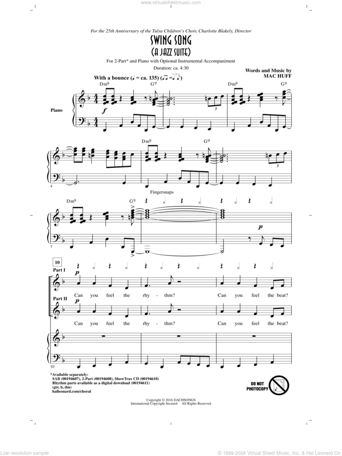 Swing Song (A Jazz Suite) sheet music for choir (2-Part) by Mac Huff, intermediate duet