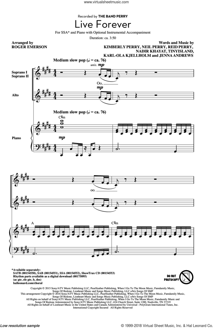 Live Forever (arr. Roger Emerson) sheet music for choir (SSA: soprano, alto) by Jenna Andrews, Roger Emerson, The Band Perry, Jakke Erixson, Karl-Ola Kjellholm, Kimberly Perry, Nadir Khayat, Neil Perry and Reid Perry, intermediate skill level