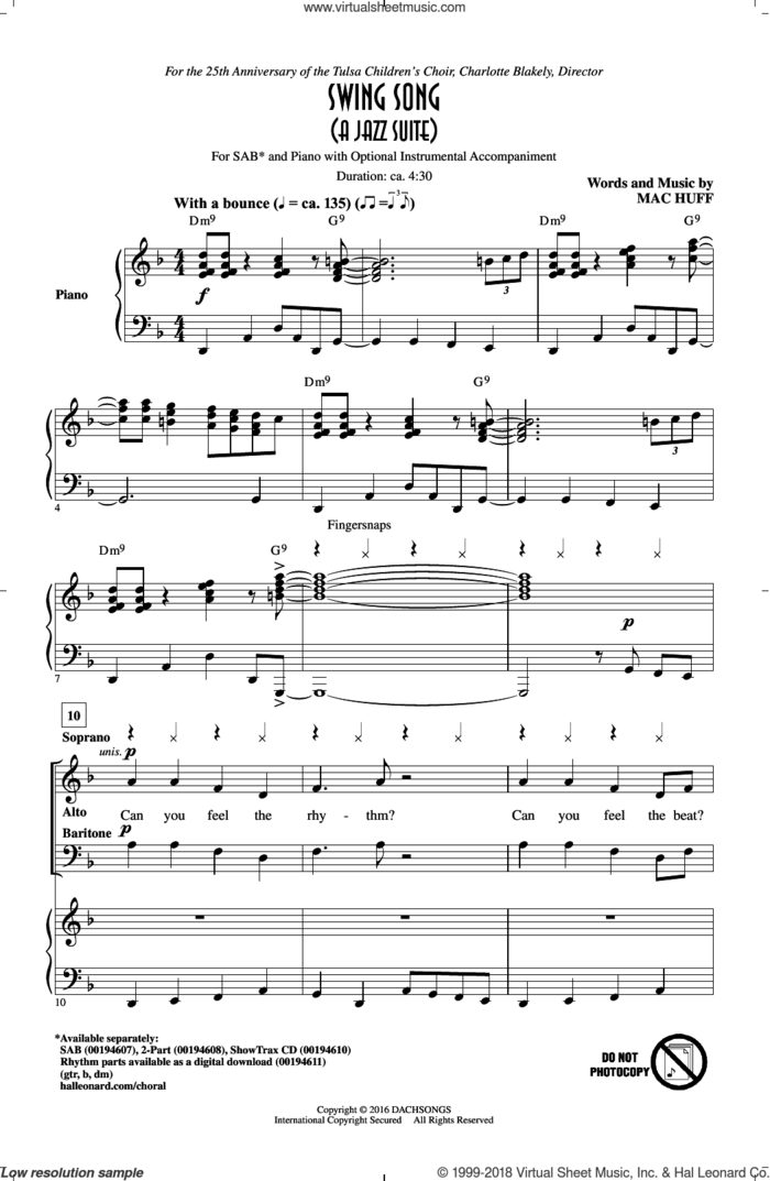 Swing Song (A Jazz Suite) sheet music for choir (SAB: soprano, alto, bass) by Mac Huff, intermediate skill level