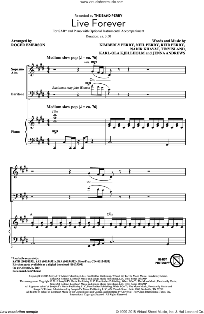 Live Forever (arr. Roger Emerson) sheet music for choir (SAB: soprano, alto, bass) by Jenna Andrews, Roger Emerson, The Band Perry, Jakke Erixson, Karl-Ola Kjellholm, Kimberly Perry, Nadir Khayat, Neil Perry and Reid Perry, intermediate skill level