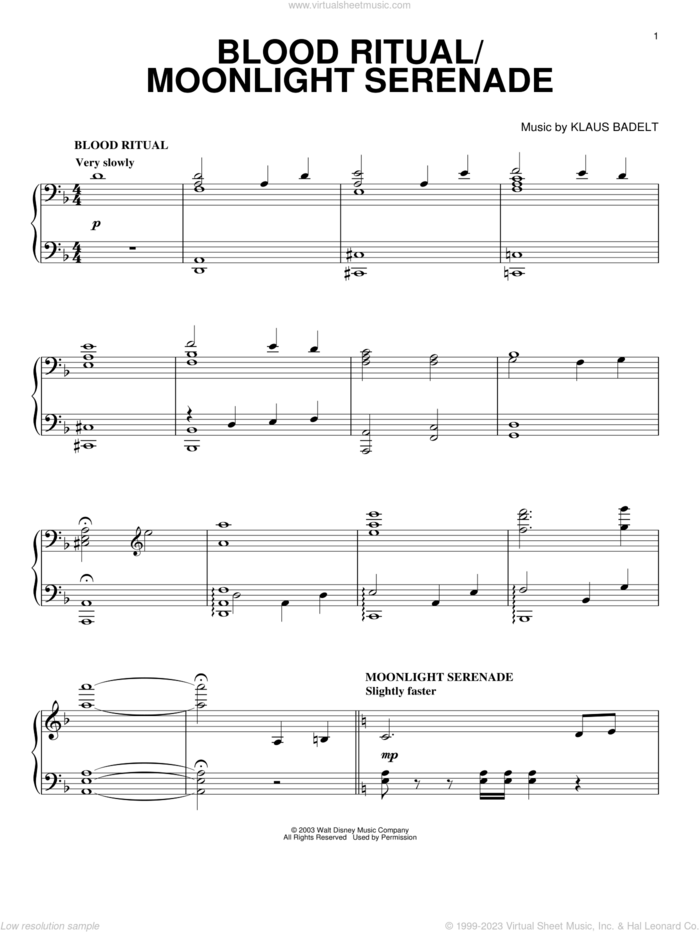 Blood Ritual / Moonlight Serenade sheet music for piano solo by Klaus Badelt and Pirates Of The Caribbean: The Curse Of The Black Pearl (Movie), intermediate skill level
