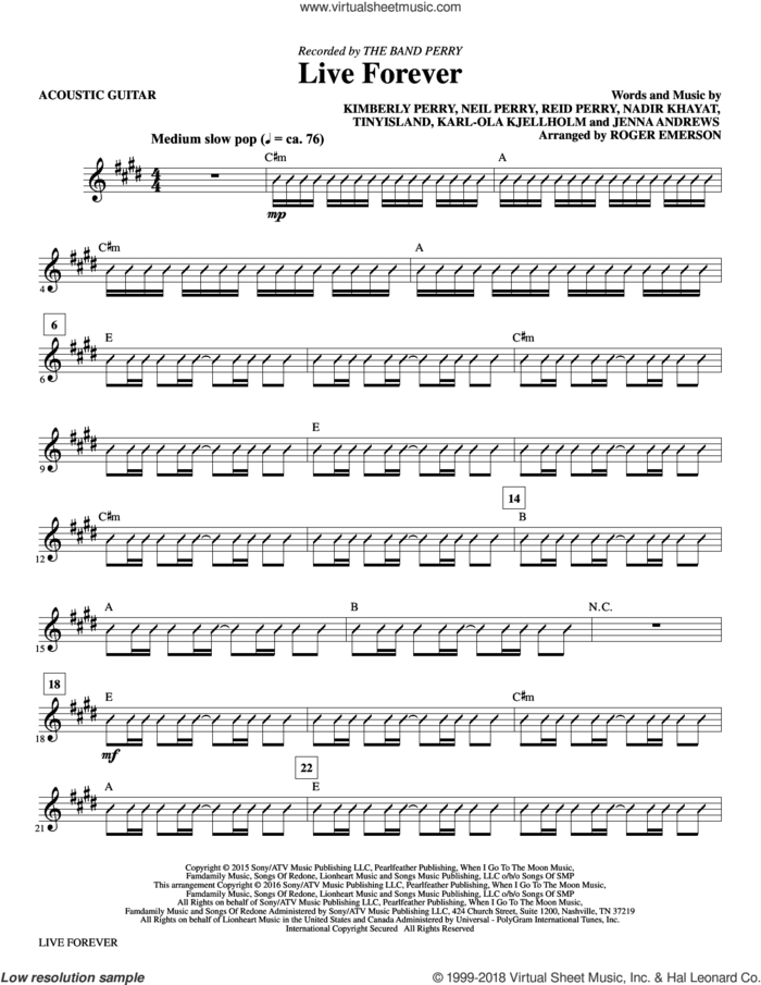 Live Forever (arr. Roger Emerson) (complete set of parts) sheet music for orchestra/band by Roger Emerson, Jakke Erixson, Jenna Andrews, Karl-Ola Kjellholm, Kimberly Perry, Nadir Khayat, Neil Perry, Reid Perry and The Band Perry, intermediate skill level