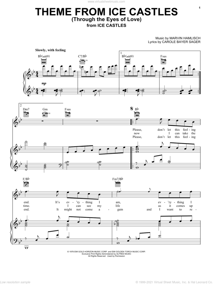 Theme From Ice Castles (Through The Eyes Of Love) sheet music for voice, piano or guitar by Carole Bayer Sager and Marvin Hamlisch, wedding score, intermediate skill level