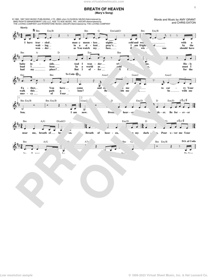 Breath Of Heaven (Mary's Song) sheet music for voice and other instruments (fake book) by Amy Grant and Chris Eaton, intermediate skill level