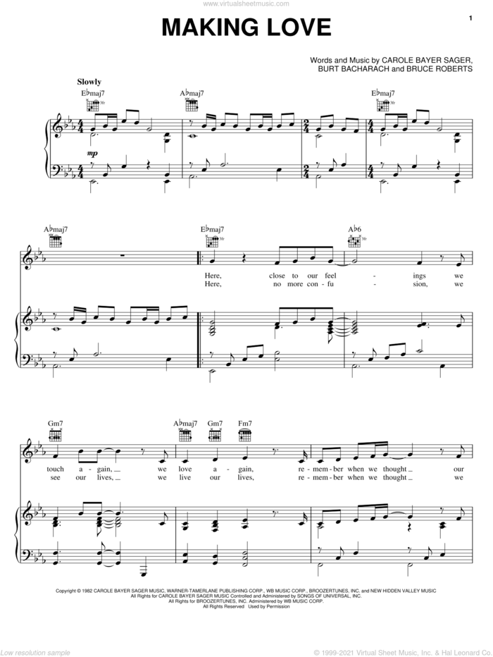 Making Love sheet music for voice, piano or guitar by Carole Bayer Sager, Roberta Flack, Bruce Roberts and Burt Bacharach, intermediate skill level