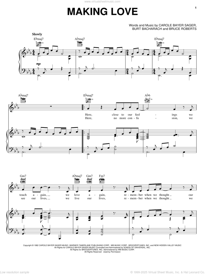 Making Love sheet music for voice, piano or guitar by Carole Bayer Sager, Roberta Flack, Bruce Roberts and Burt Bacharach, intermediate skill level