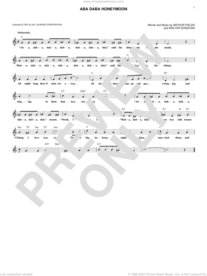 Aba Daba Honeymoon sheet music for voice and other instruments (fake book) by Walter Donovan and Arthur Fields, intermediate skill level