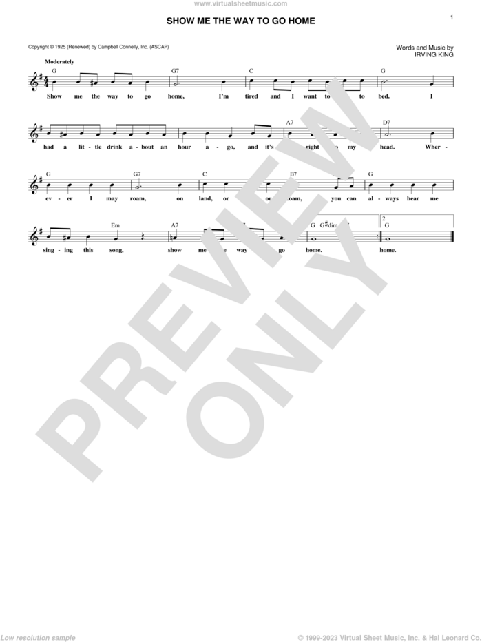 Show Me The Way To Go Home sheet music for voice and other instruments (fake book) by Irving King, intermediate skill level