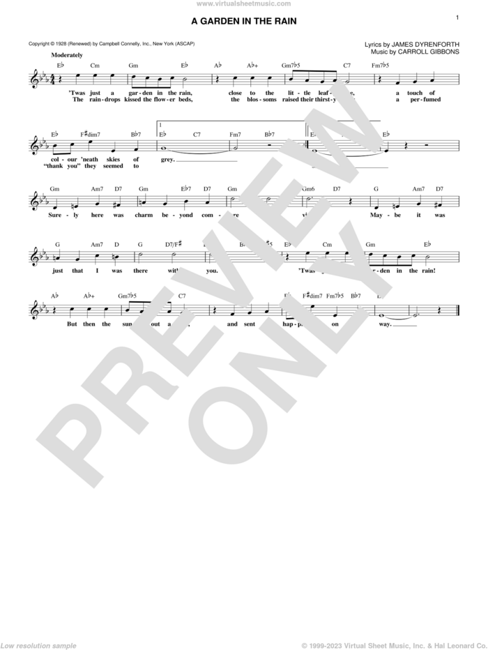 A Garden In The Rain sheet music for voice and other instruments (fake book) by Carroll Gibbons and James Dyrenforth, intermediate skill level