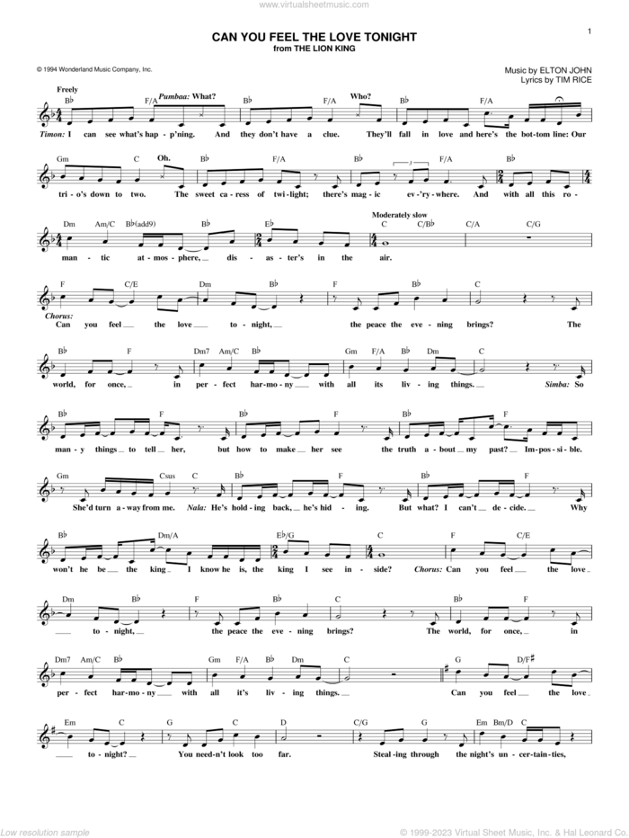 Can You Feel The Love Tonight (from The Lion King) sheet music for voice and other instruments (fake book) by Elton John and Tim Rice, wedding score, intermediate skill level