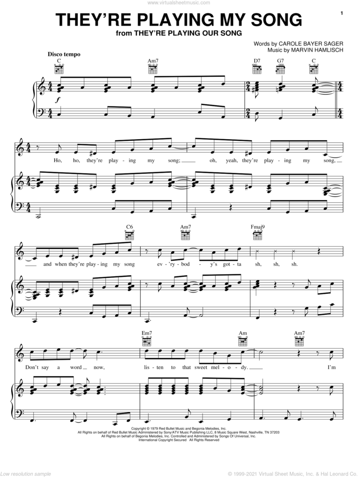 They're Playing My Song sheet music for voice, piano or guitar by Carole Bayer Sager and Marvin Hamlisch, intermediate skill level