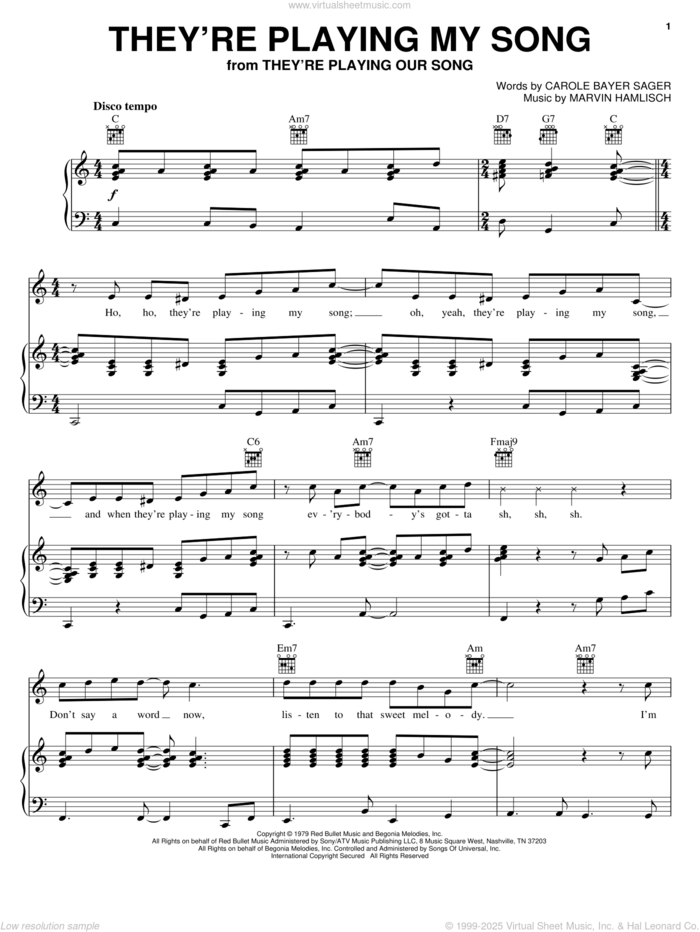 They're Playing My Song sheet music for voice, piano or guitar by Carole Bayer Sager and Marvin Hamlisch, intermediate skill level