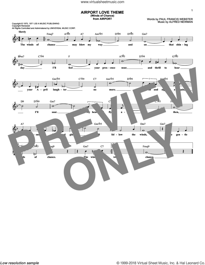 Airport Love Theme (Winds Of Chance) sheet music for voice and other instruments (fake book) by Vincent Bell, Alfred Newman and Paul Francis Webster, intermediate skill level