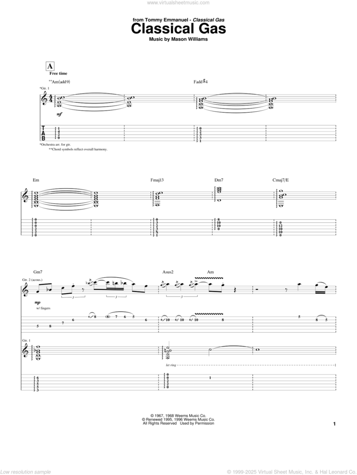 Classical Gas sheet music for guitar (tablature) by Tommy Emmanuel and Mason Williams, classical score, intermediate skill level