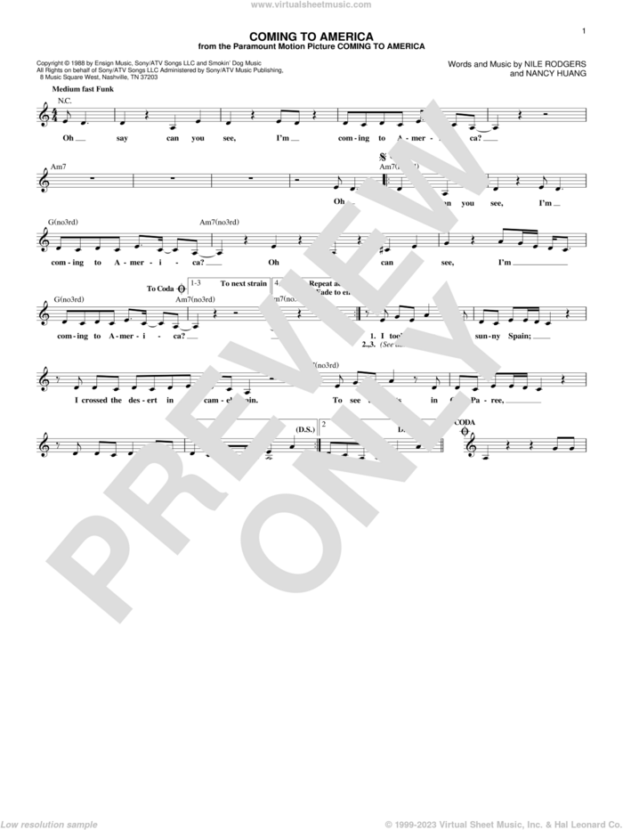 Coming To America sheet music for voice and other instruments (fake book) by Nile Rodgers and Nancy Huang, intermediate skill level