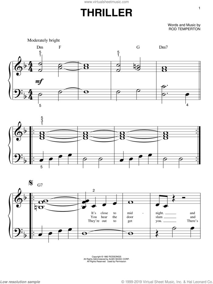 Thriller sheet music for piano solo (big note book) by Michael Jackson and Rod Temperton, easy piano (big note book)