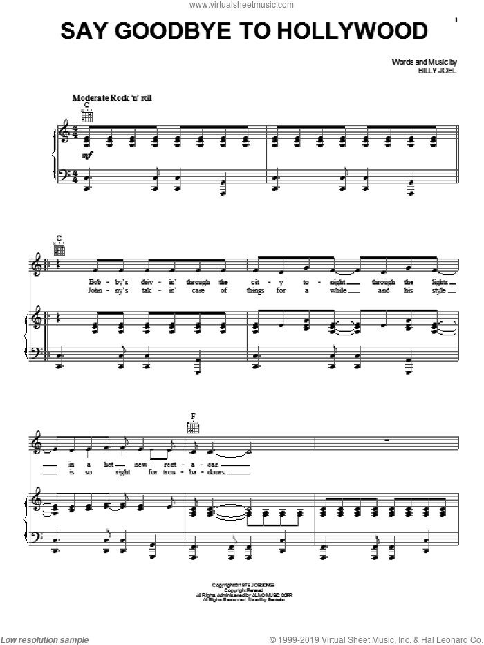Say Goodbye To Hollywood sheet music for voice, piano or guitar by Billy Joel, intermediate skill level