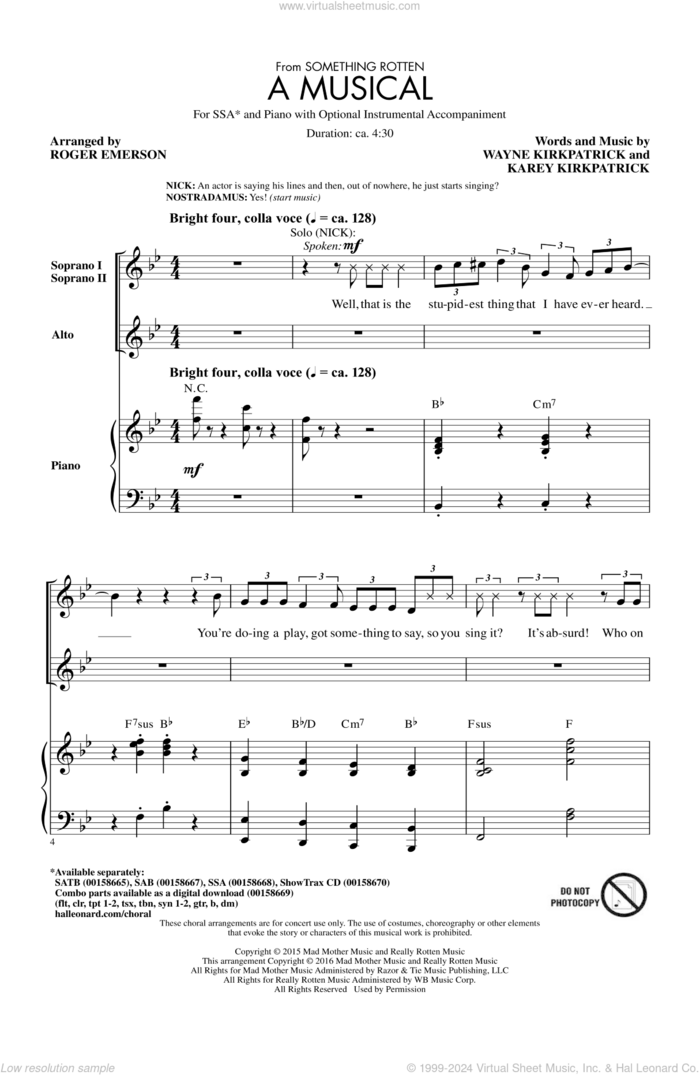 A Musical (from Something Rotten) sheet music for choir (SSA: soprano, alto) by Wayne Kirkpatrick, Roger Emerson and Karey Kirkpatrick, intermediate skill level