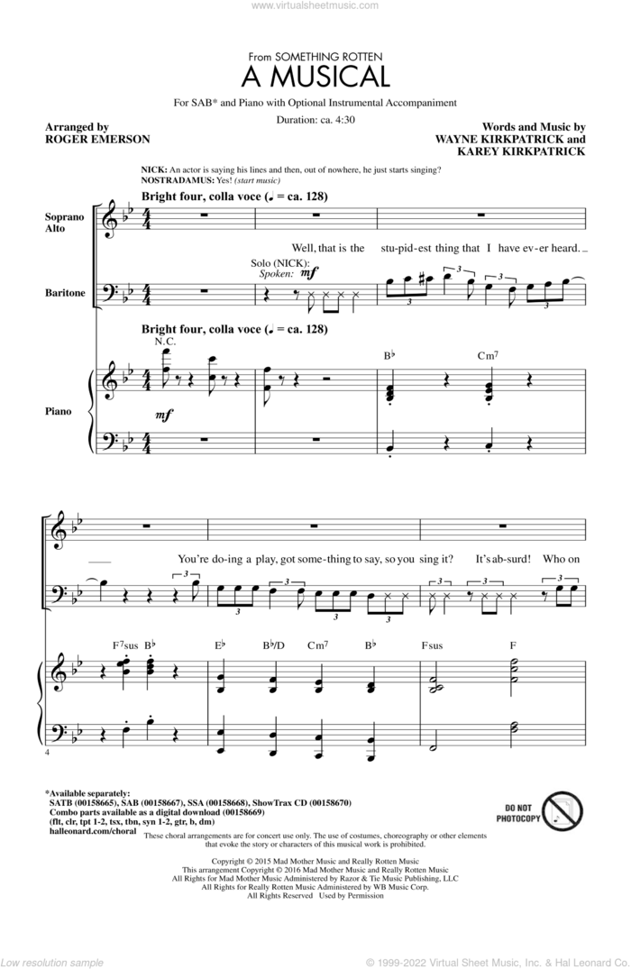 A Musical (from Something Rotten) sheet music for choir (SAB: soprano, alto, bass) by Wayne Kirkpatrick, Roger Emerson and Karey Kirkpatrick, intermediate skill level