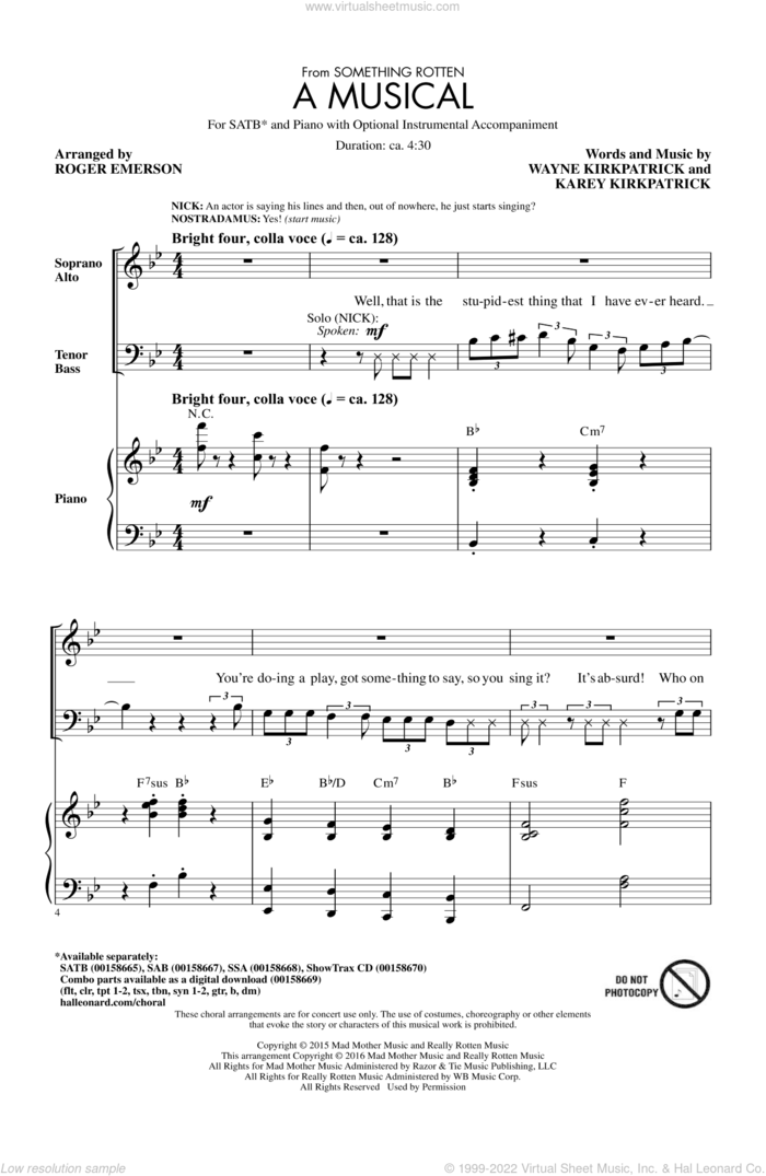 A Musical (from Something Rotten) sheet music for choir (SATB: soprano, alto, tenor, bass) by Wayne Kirkpatrick, Roger Emerson and Karey Kirkpatrick, intermediate skill level