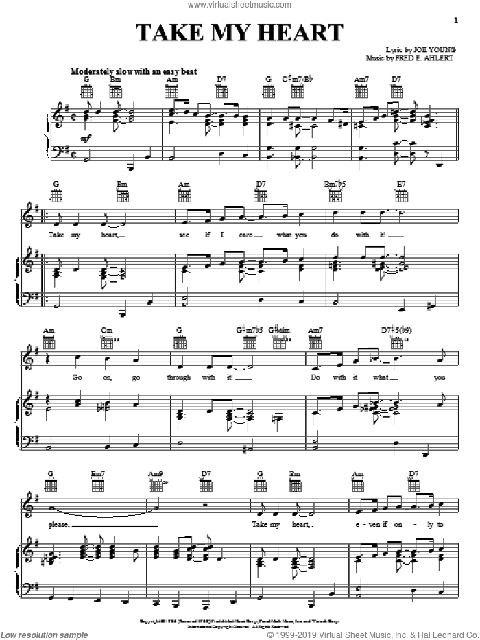 Take My Heart sheet music for voice, piano or guitar by Joe Young and Fred Ahlert, intermediate skill level