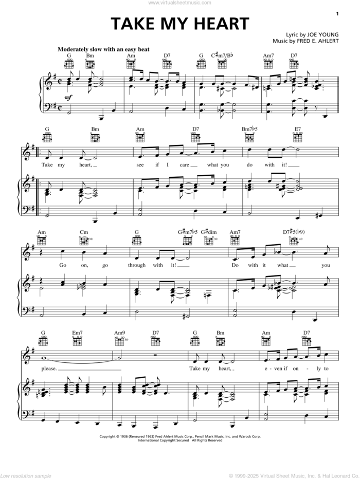 Take My Heart sheet music for voice, piano or guitar by Joe Young and Fred Ahlert, intermediate skill level