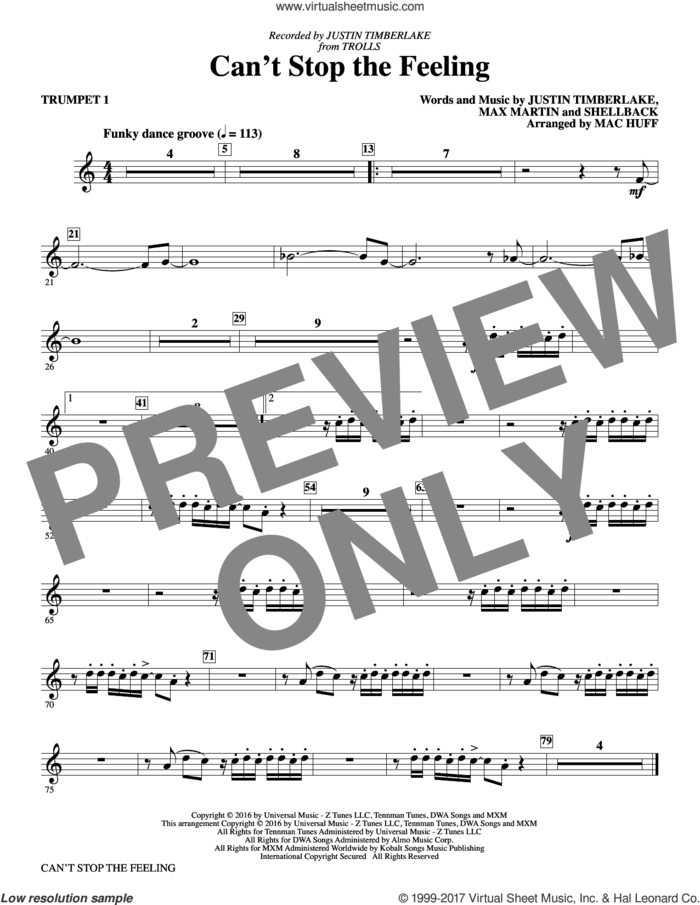 Can't Stop the Feeling (from Trolls) (arr. Mac Huff) (complete set of parts) sheet music for orchestra/band by Mac Huff, Johan Schuster, Justin Timberlake, Max Martin and Shellback, intermediate skill level