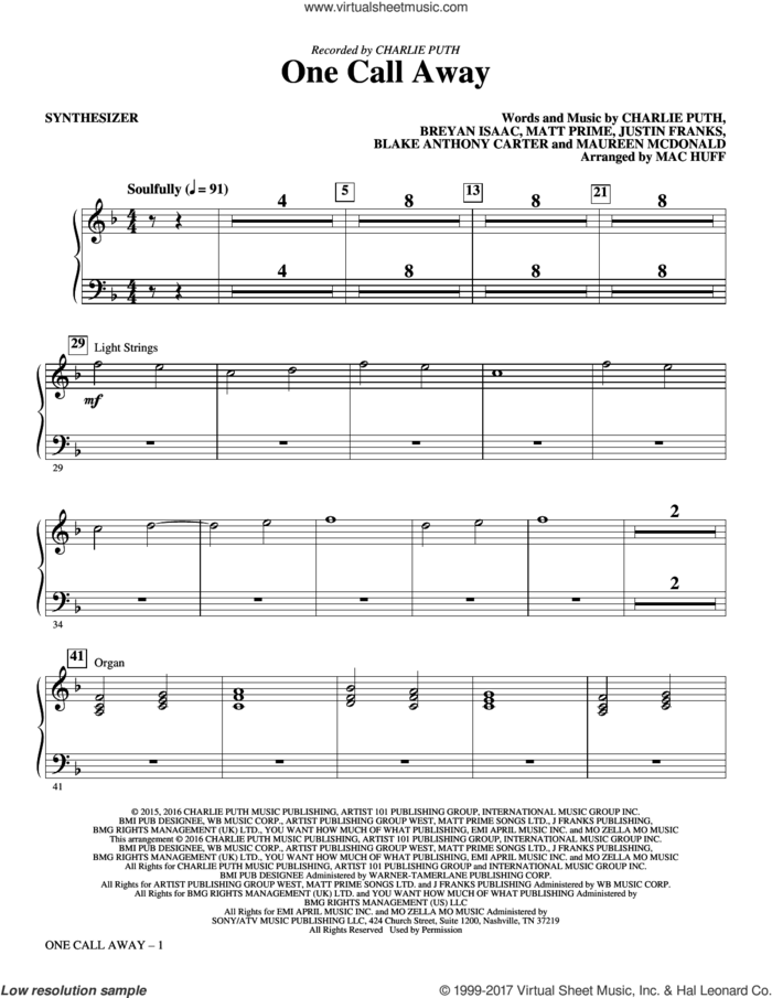 One Call Away (complete set of parts) sheet music for orchestra/band by Mac Huff, Blake Anthony Carter, Breyan Isaac, Charlie Puth, Justin Franks, Matt Prime and Maureen McDonald, intermediate skill level