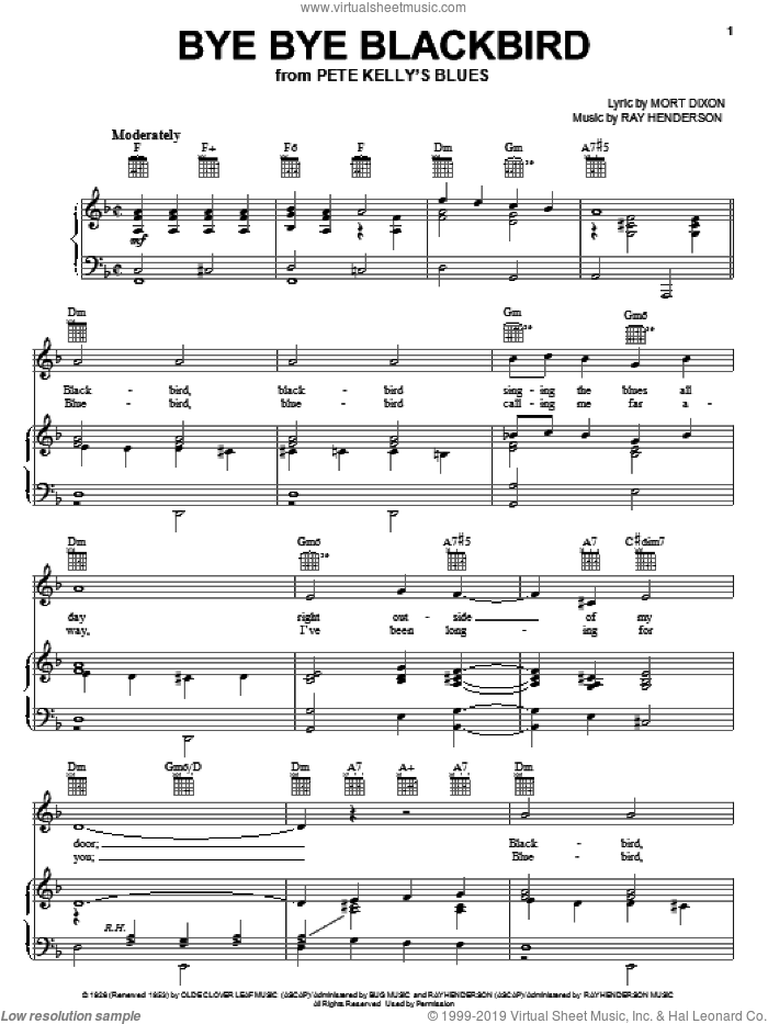 Bye Bye Blackbird sheet music for voice, piano or guitar by Mort Dixon and Ray Henderson, intermediate skill level