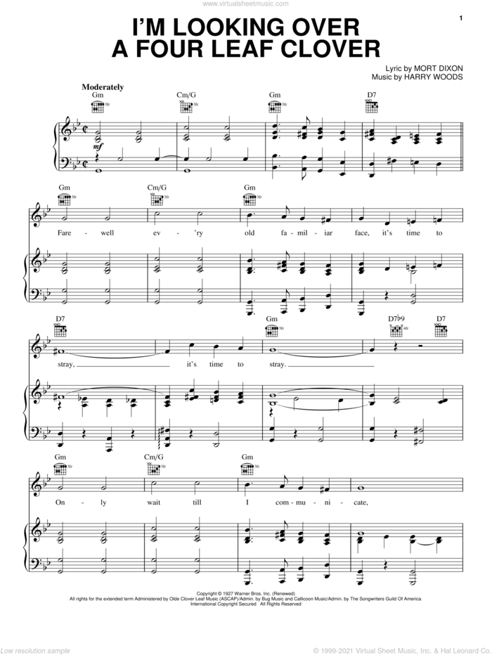 I'm Looking Over A Four Leaf Clover sheet music for voice, piano or guitar by Mort Dixon and Harry Woods, intermediate skill level