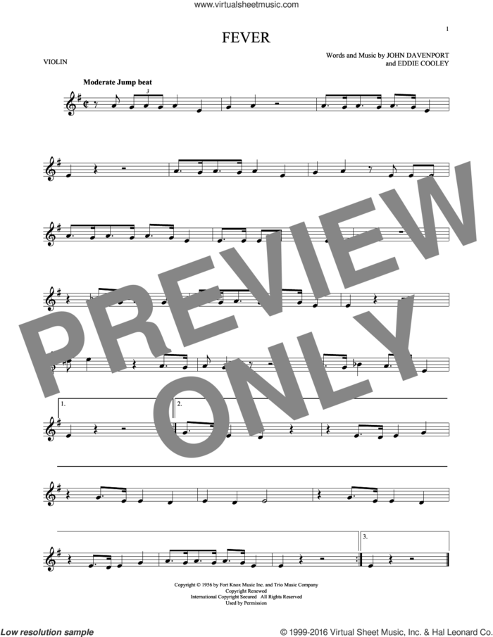 Fever sheet music for violin solo by Eddie Cooley, Peggy Lee and John Davenport, intermediate skill level