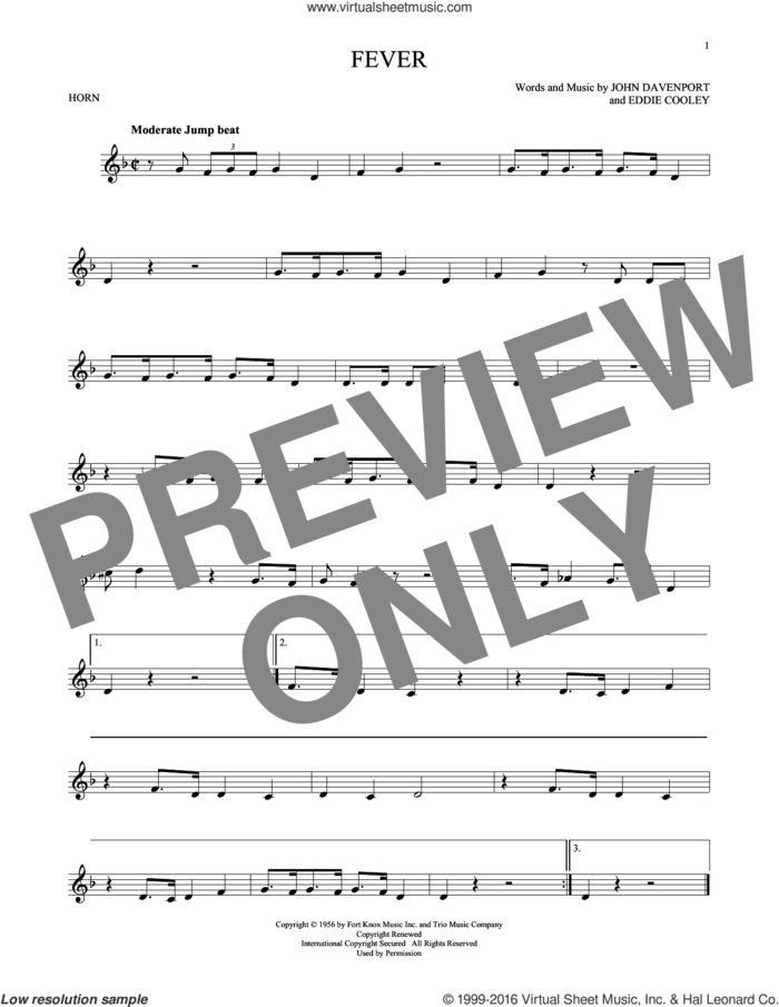 Fever sheet music for horn solo by Eddie Cooley, Peggy Lee and John Davenport, intermediate skill level