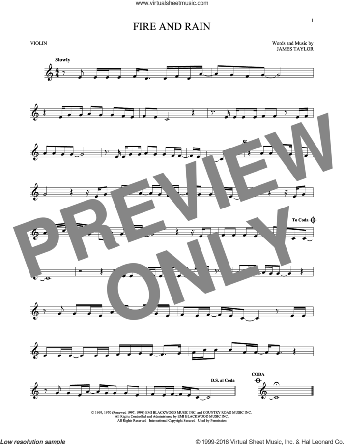 Fire And Rain sheet music for violin solo by James Taylor, intermediate skill level