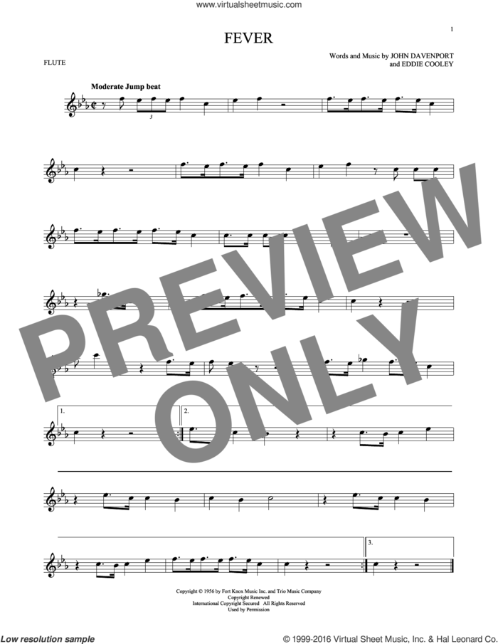 Fever sheet music for flute solo by Eddie Cooley, Peggy Lee and John Davenport, intermediate skill level
