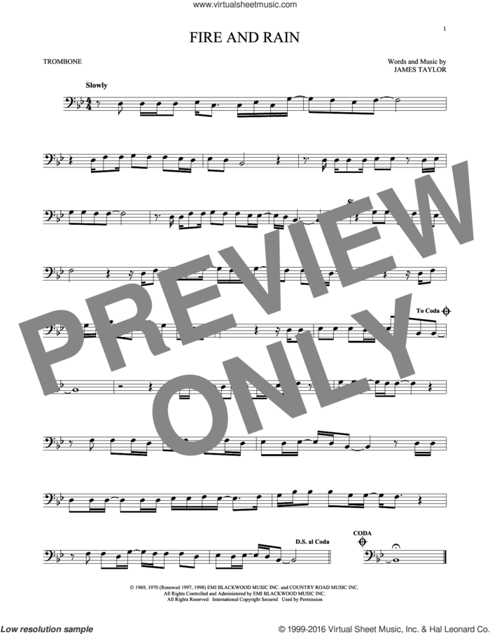 Fire And Rain sheet music for trombone solo by James Taylor, intermediate skill level