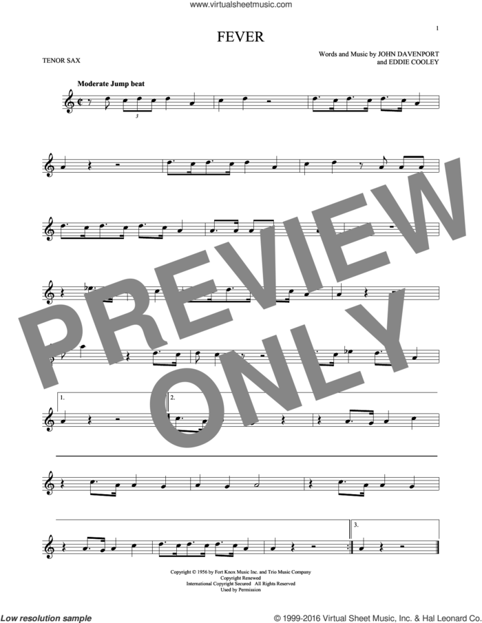 Fever sheet music for tenor saxophone solo by Eddie Cooley, Peggy Lee and John Davenport, intermediate skill level