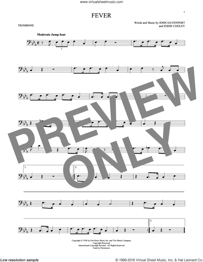 Fever sheet music for trombone solo by Eddie Cooley, Peggy Lee and John Davenport, intermediate skill level