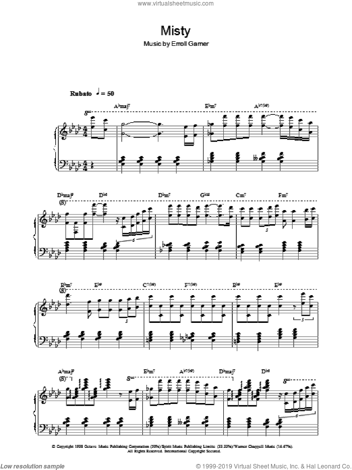Misty sheet music for piano solo by Erroll Garner and John Burke, intermediate skill level