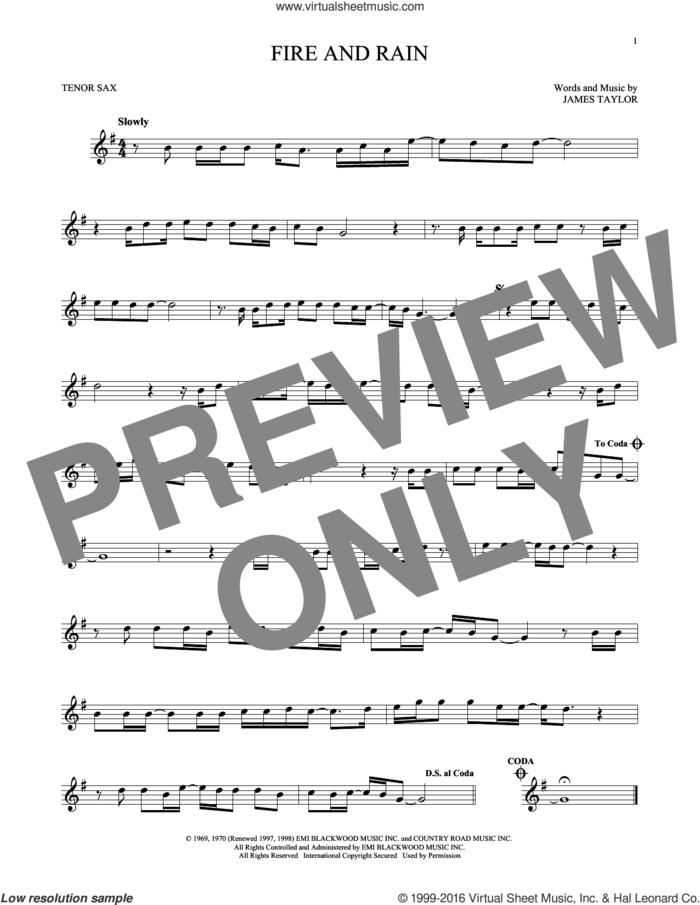 Fire And Rain sheet music for tenor saxophone solo by James Taylor, intermediate skill level