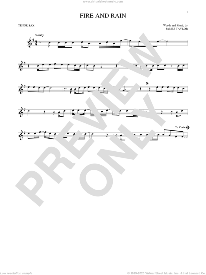 Fire And Rain sheet music for tenor saxophone solo by James Taylor, intermediate skill level