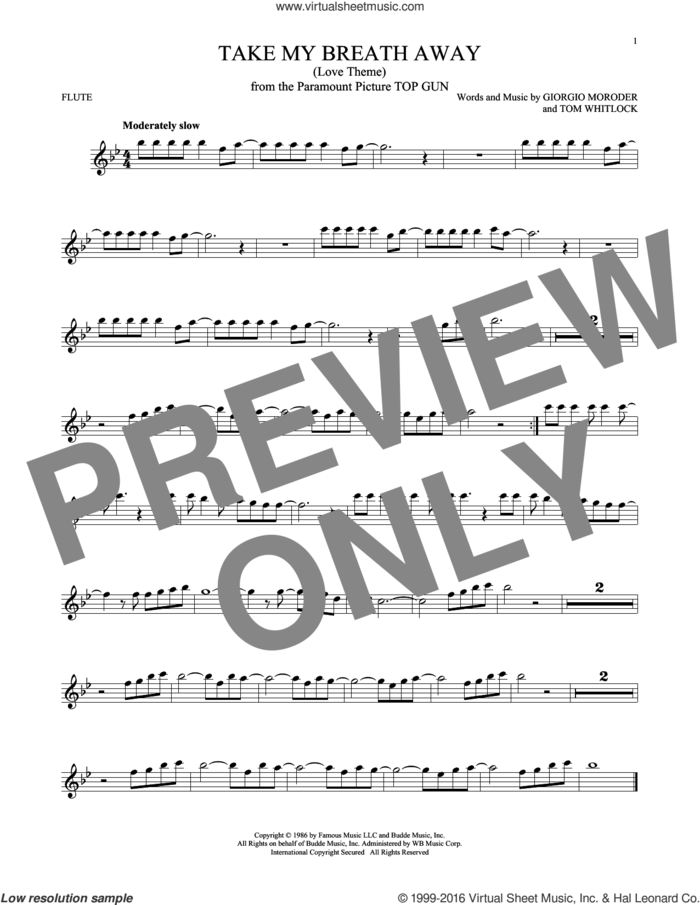 Take My Breath Away (Love Theme) sheet music for flute solo by Giorgio Moroder, Irving Berlin, Jessica Simpson and Tom Whitlock, intermediate skill level