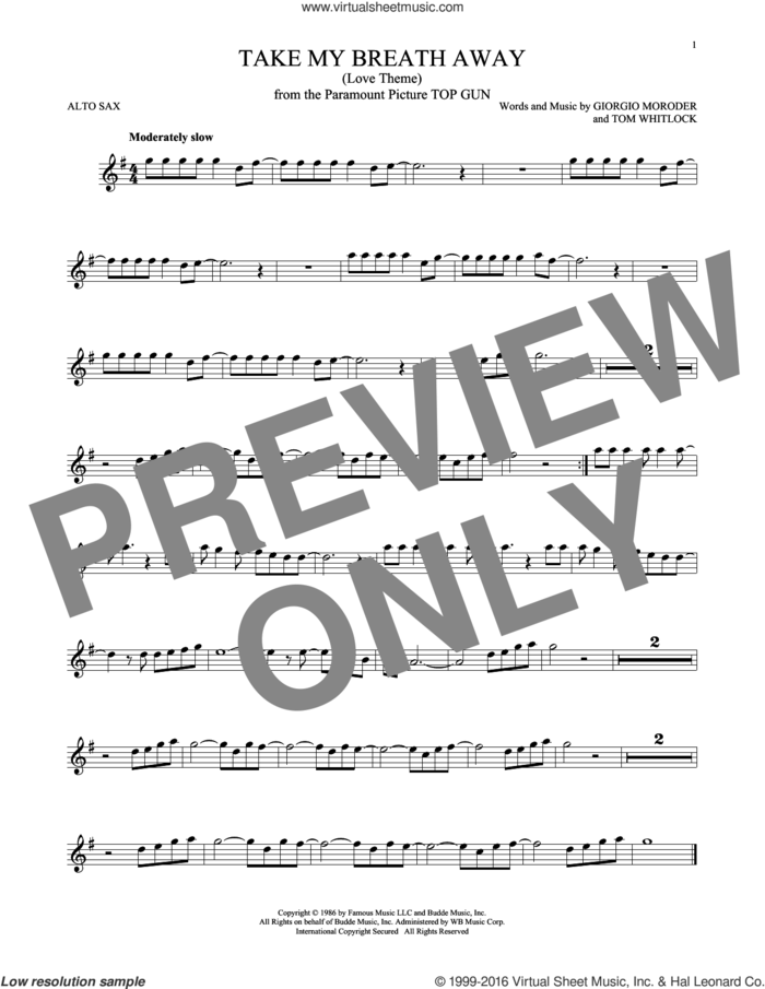 Take My Breath Away (Love Theme) sheet music for alto saxophone solo by Giorgio Moroder, Irving Berlin, Jessica Simpson and Tom Whitlock, intermediate skill level