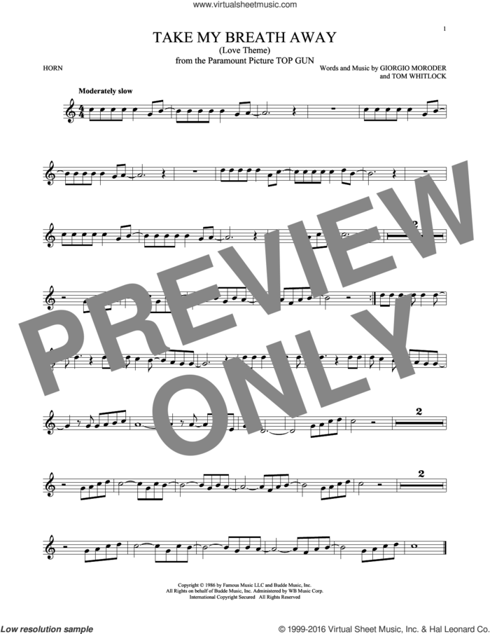 Take My Breath Away (Love Theme) sheet music for horn solo by Giorgio Moroder, Irving Berlin, Jessica Simpson and Tom Whitlock, intermediate skill level
