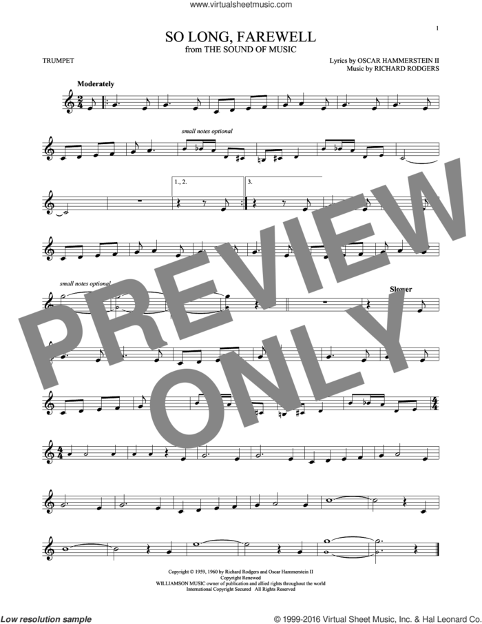So Long, Farewell sheet music for trumpet solo by Rodgers & Hammerstein, Oscar II Hammerstein and Richard Rodgers, intermediate skill level