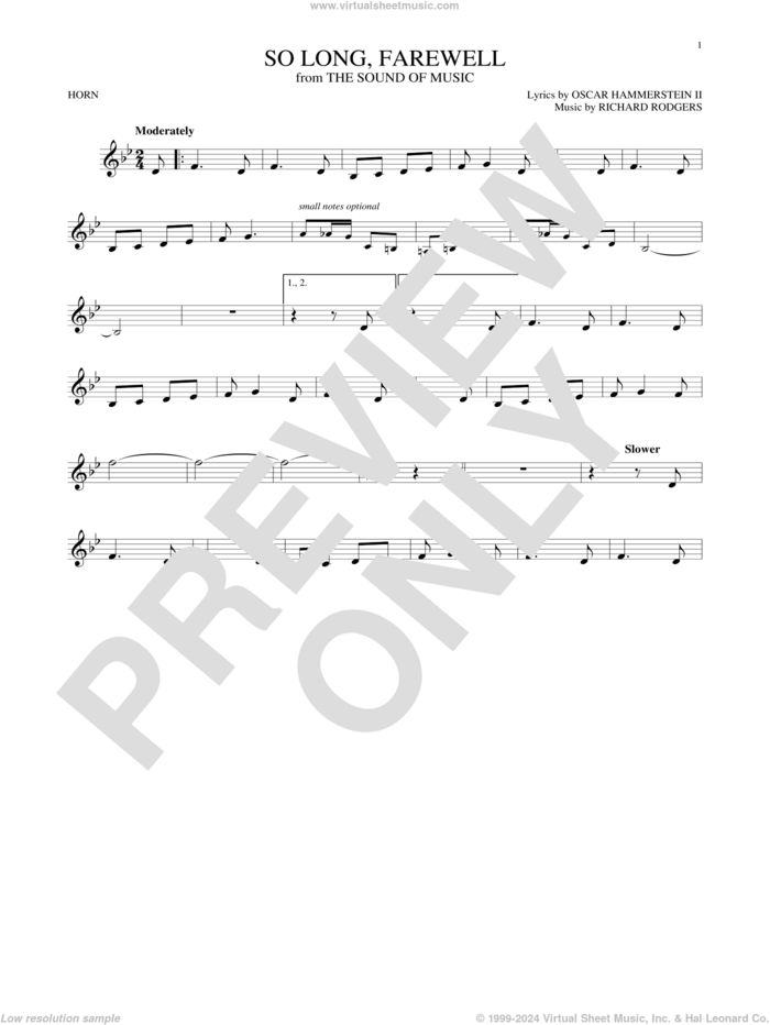 So Long, Farewell (from The Sound of Music) sheet music for horn solo by Rodgers & Hammerstein, Oscar II Hammerstein and Richard Rodgers, intermediate skill level