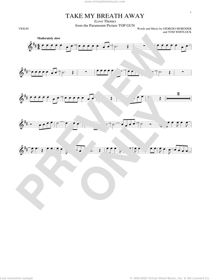 Take My Breath Away (Love Theme) sheet music for violin solo by Giorgio Moroder, Irving Berlin, Jessica Simpson and Tom Whitlock, intermediate skill level