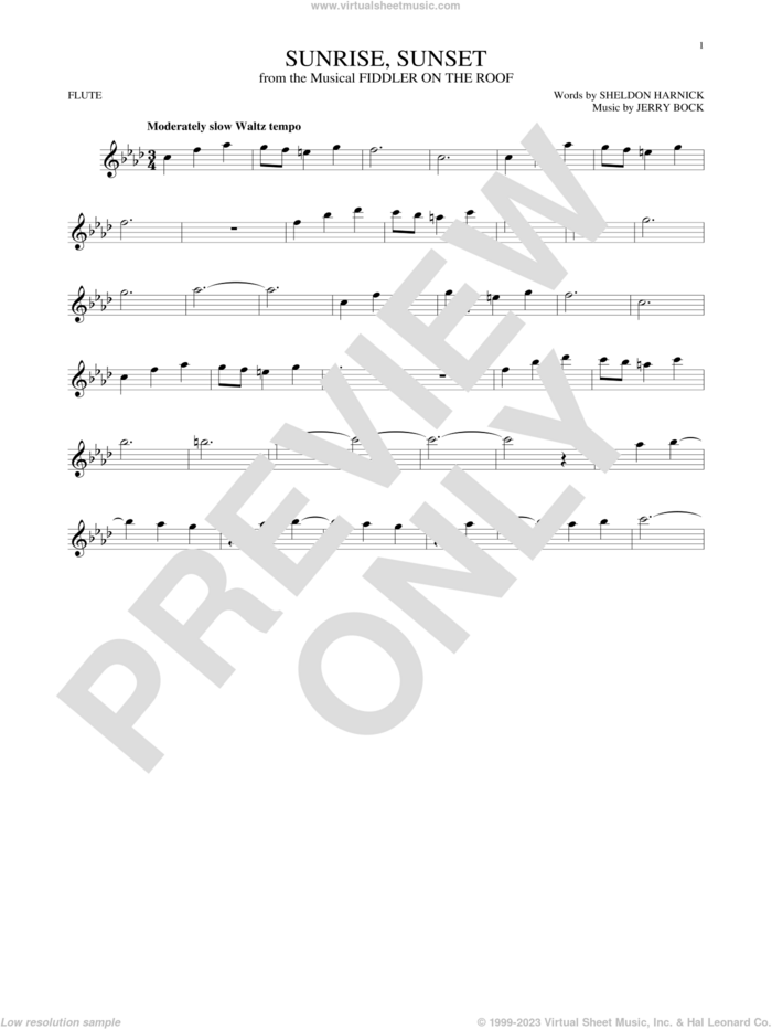Sunrise, Sunset sheet music for flute solo by Jerry Bock and Sheldon Harnick, wedding score, intermediate skill level