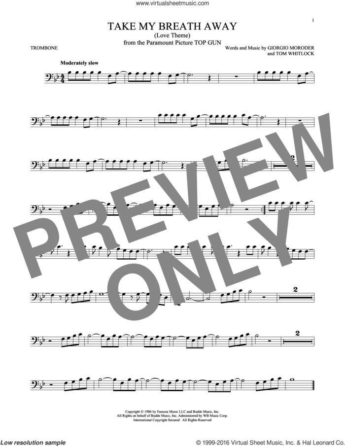 Take My Breath Away (Love Theme) sheet music for trombone solo by Giorgio Moroder, Irving Berlin, Jessica Simpson and Tom Whitlock, intermediate skill level