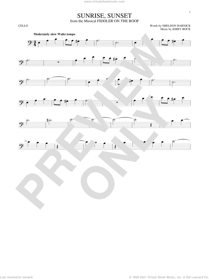 Sunrise, Sunset sheet music for cello solo by Jerry Bock and Sheldon Harnick, intermediate skill level