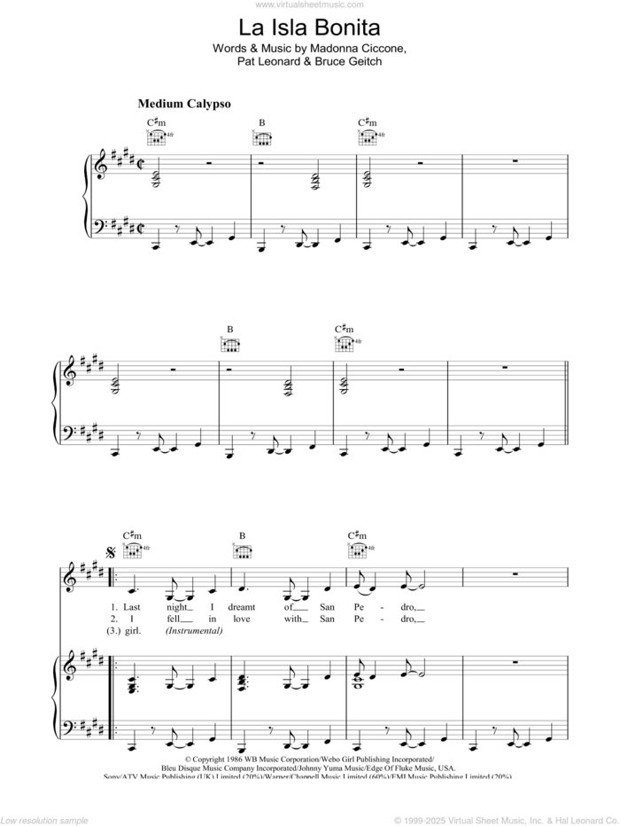 La Isla Bonita sheet music for voice, piano or guitar by Madonna, Bruce Gaitsch and Patrick Leonard, intermediate skill level